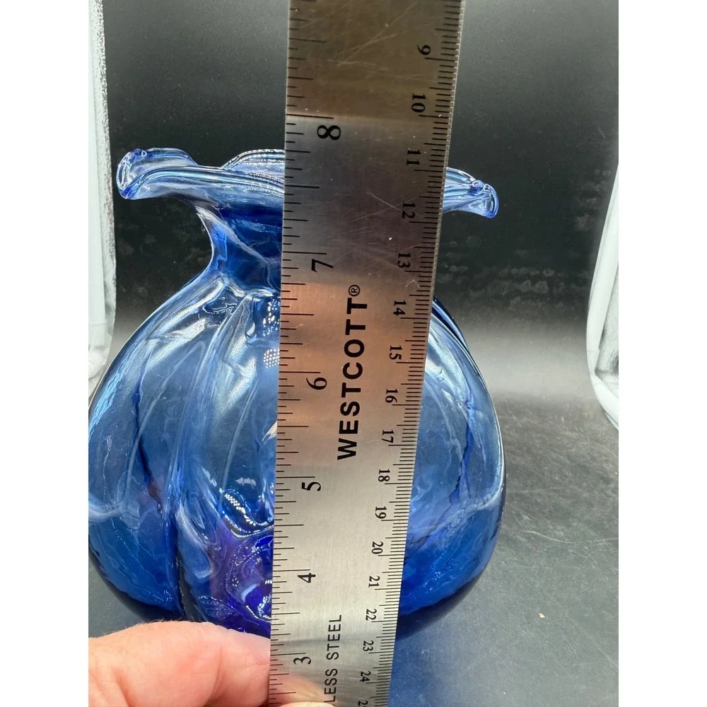Cobalt Blue Hand Blown Glass Vase Lobed Pumpkin Shape Ruffled Rim 6 Inch